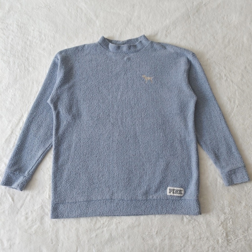 VS Victorias Secret PINK Women's Sweater Blue Terry Cloth Mock Neck Logo Small